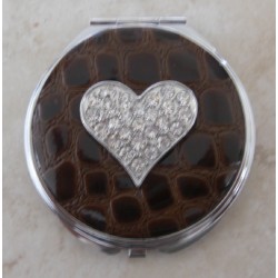 Brown Faux Croc Print Rhinestone Heart Compact Mirror